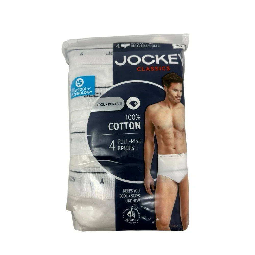 Jockey Classics Men's‎ 40 Full Rise Briefs 4-Pack 100% Cotton White NEW.